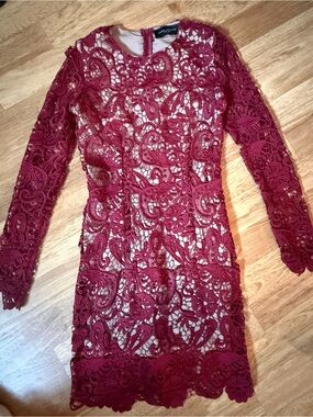 AKIRA Burgundy Floral Crochet Lace Long Sleeve Dress